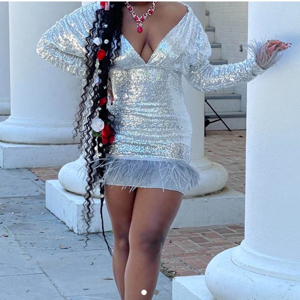 Silver sequins feathered mini dress